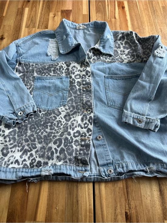 Haptics Jackets & Blazers - Haptics 2X Oversized Denim Jacket Leopard Print Distressed Shacket